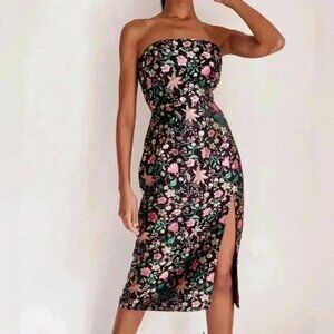 NWT LULUS Make a Move Black Satin Floral Jacquard Strapless Midi Dress